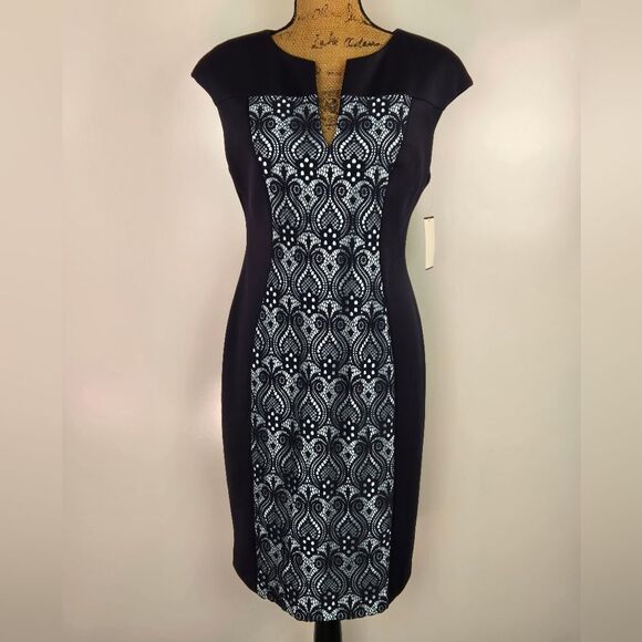Connected Apparel Navy & Aqua Midi Dress w Front Lace Panel Sz 10 - Picture 1 of 9